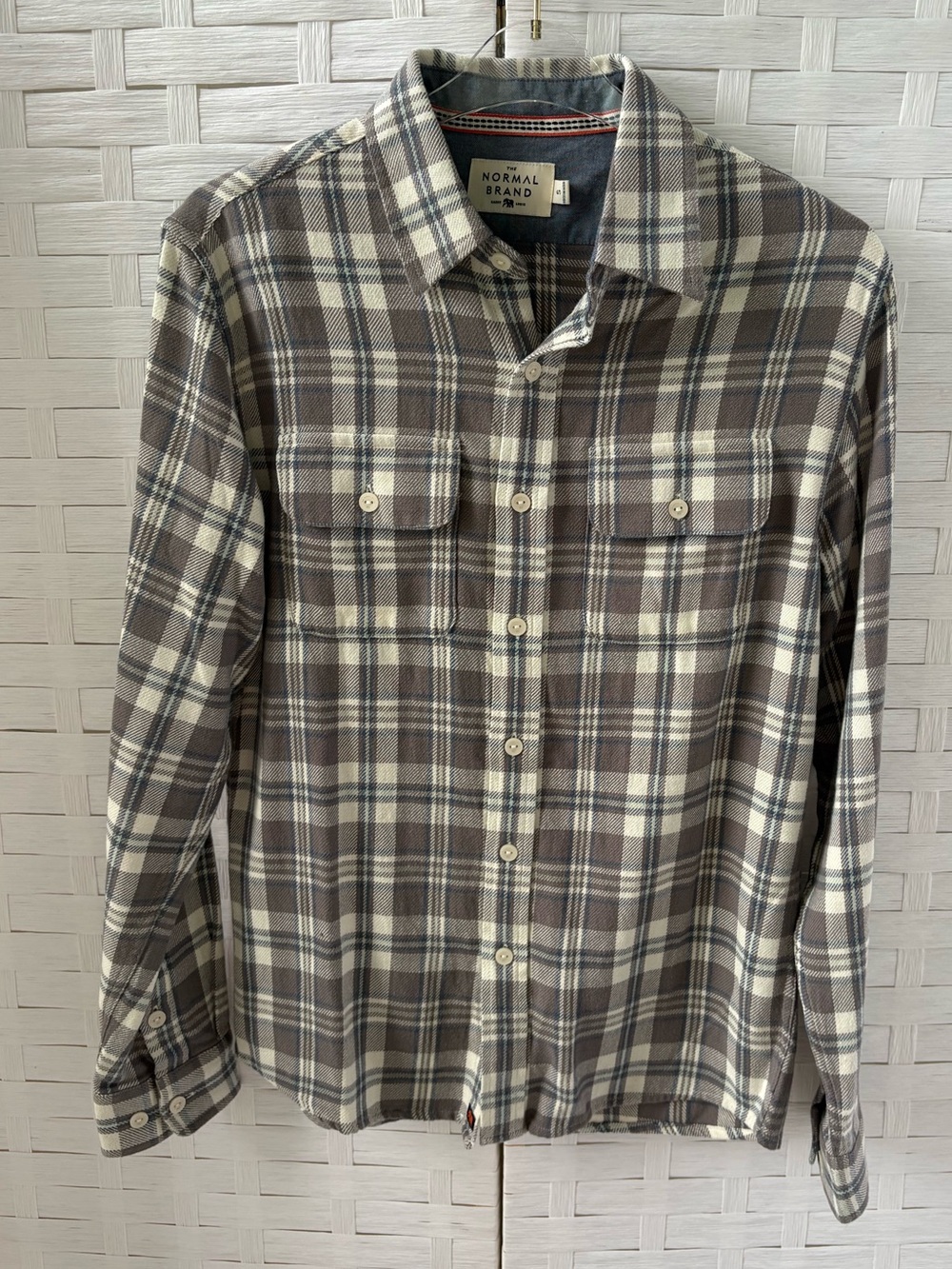 The Normal Brand Small Plaid Button-Down Shirt Gray White Blue Fall Cozy Pockets